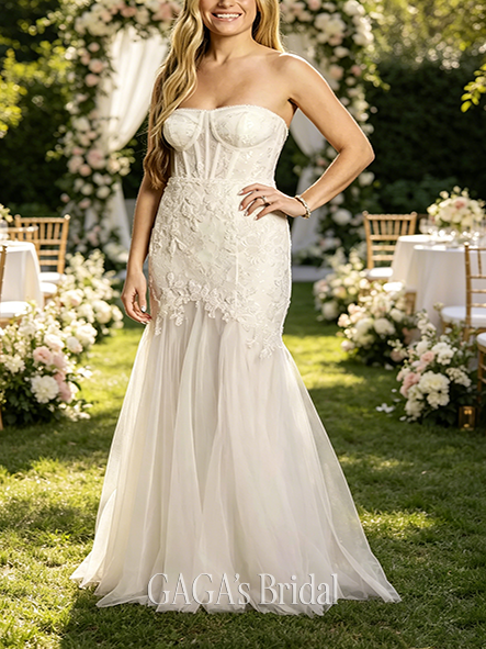Elegant Strapless Beaded Lace Mermaid Wedding Dress
