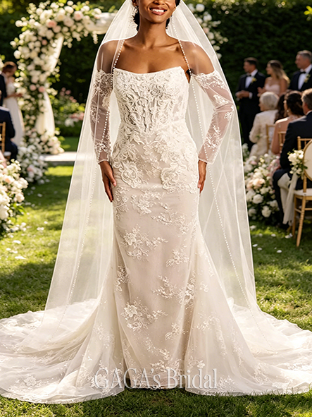 Elegant Removable Sleeve Appliqued Mermaid Wedding Dress