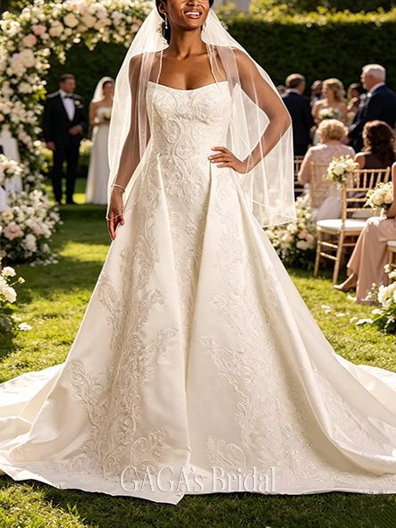 Elegant Appliqued Satin Wedding Dress with Overskirt