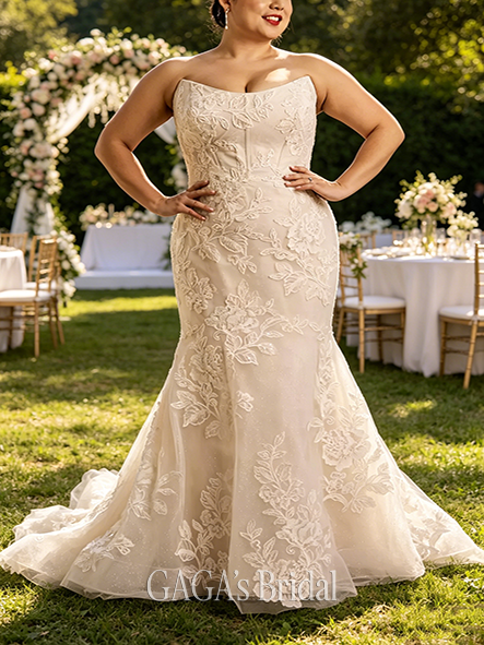 Elegant Floral Strapless Tulle Mermaid Wedding Dress