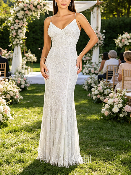 Elegant Beaded V-Neck Mermaid Wedding Dress