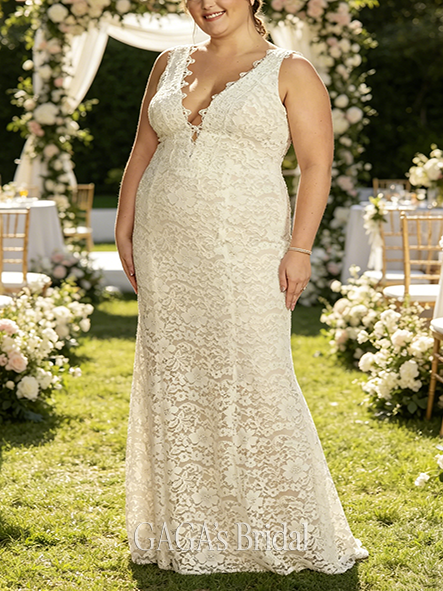 Elegant Allover Lace Tank Wedding Gown with V-Back Detail