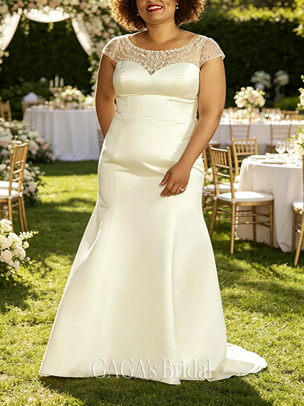 Elegant Beaded Cap Sleeve Satin Mermaid Wedding Dress