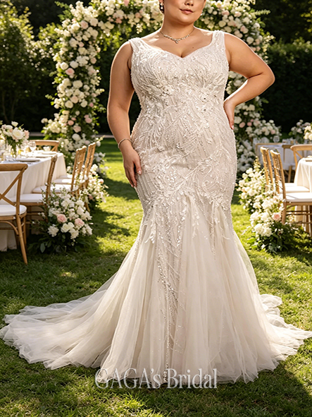 Elegant Beaded Lace Applique Tulle Mermaid Wedding Dress