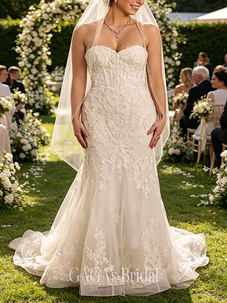 Elegant Tulle and Beaded Lace Mermaid Wedding Dress