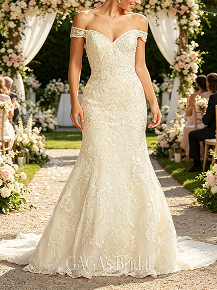 Elegant Beaded Lace Off Shoulder Wedding Dress