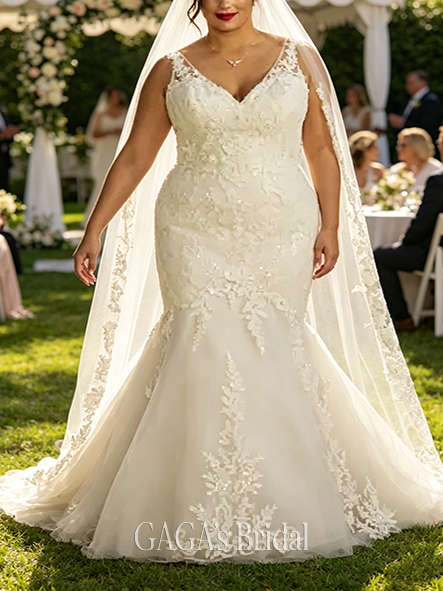 Elegant Multi-Lace Tank V-Neck Mermaid Wedding Dress