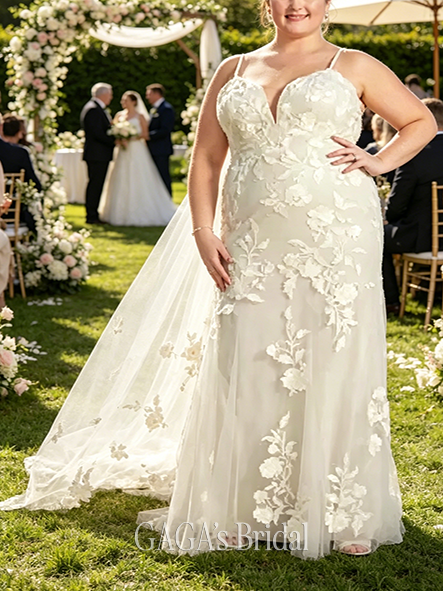 Elegant Lace Applique Tulle V-Neck Mermaid Wedding Gown
