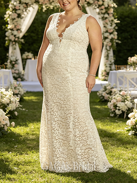 Elegant Allover Lace Tank Wedding Gown with V-Back Detail