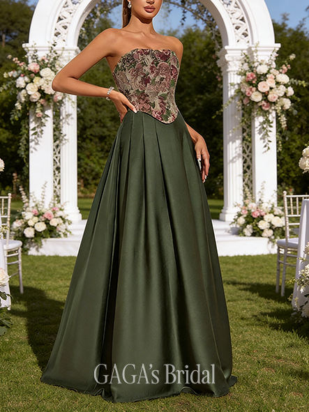 Strapless A-line Radiant Satin Jacquard Floor-Length Wedding Guest Prom Dresses