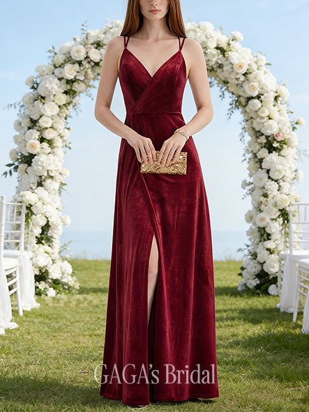 A-line Noble V-Neck Floor-Length Velvet Wedding Guest Bridesmaid Dress