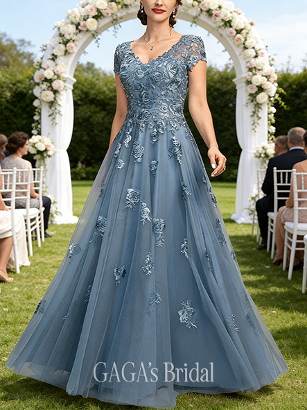 A-line Sleek V-Neck Floor-Length Tulle Lace Wedding Guest Mother of the Bride Dress With Sequins