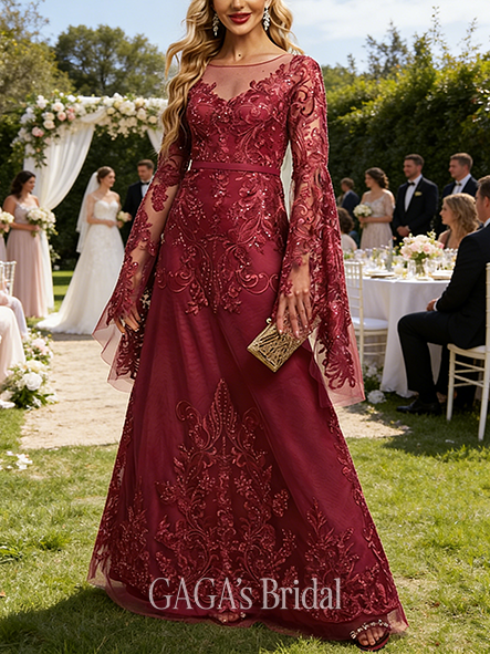 A-line Sparkling Scoop Illusion Floor-Length Tulle Lace Wedding Guest Evening Dress With Sequins