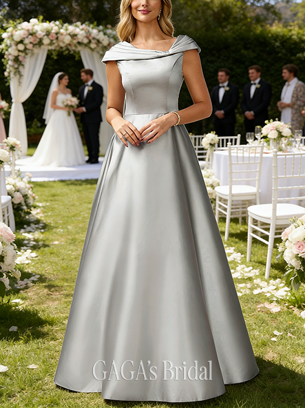 A-line Trendy Asymmetrical Floor-Length Satin Wedding Guest Evening Dress With Pleated