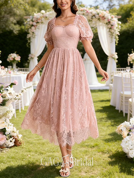 Square Short Sleeve A-line Noble Lace Midi Wedding Guest Dress