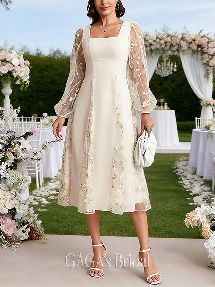 Embroidered Square Long Sleeve A-line Soft Lace Midi Wedding Guest Dress