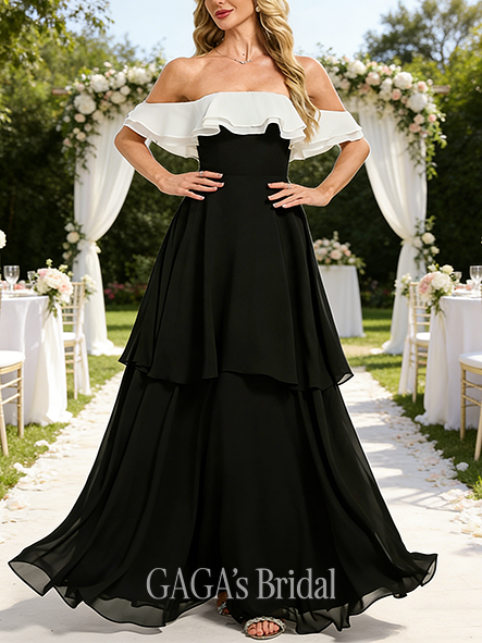A-line Rich V-Neck Floor-Length Chiffon Wedding Guest Bridesmaid Dress With Cascading Ruffles Black and White