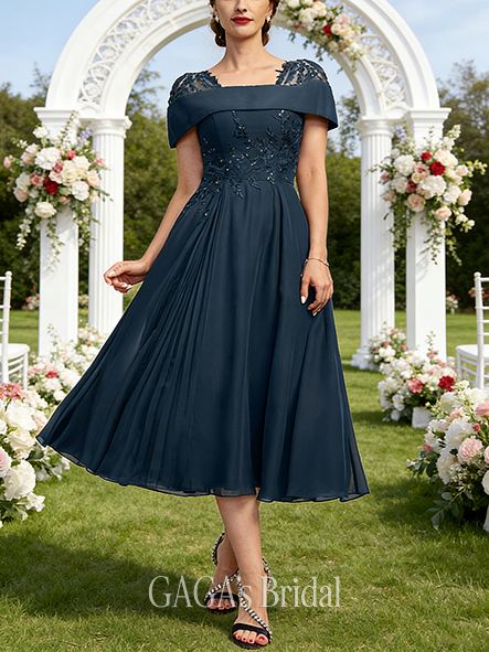 A-line Stunning Square Tea-Length Lace Chiffon Wedding Guest Mother of the Bride Dress With Pleated Sequins