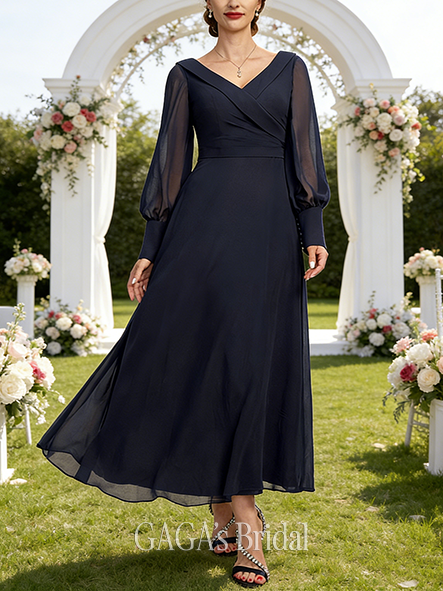 A-line Lavish V-Neck Collared Ankle-Length Chiffon Wedding Guest Mother of the Bride Dress With Pleated