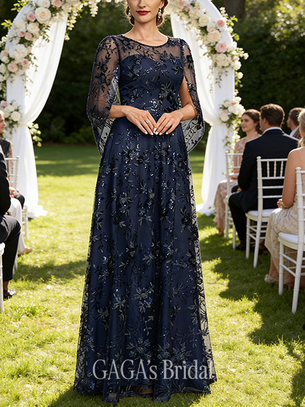 A-line Glistening Illusion Scoop Floor-Length Sequin Lace Wedding Guest Mother of the Bride Dress With Cape