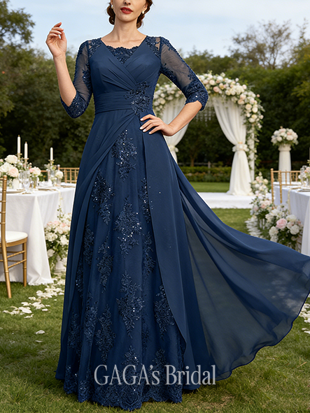A-line Intricate Square Floor-Length Lace Chiffon Wedding Guest Mother of the Bride Dress With Pleated Sequins