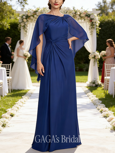 A-line Dreamy Asymmetrical Floor-Length Chiffon Wedding Guest Mother of the Bride Dress With Beading Cape Pleated