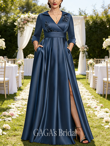 A-line Neat V-Neck Collared Floor-Length Satin Wedding Guest Mother of the Bride Dress With Beading 3D Floral Sequins Pleated