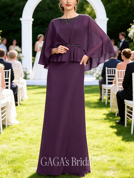 A-line Imperial Scoop Floor-Length Chiffon Wedding Guest Mother of the Bride Dress With Beading Cape Sequins Pleated