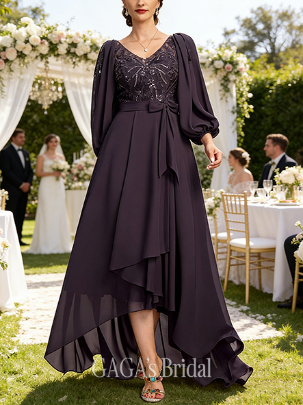 A-line Rich V-Neck Illusion Asymmetrical Lace Chiffon Wedding Guest Mother of the Bride Dress With Bow Sequins