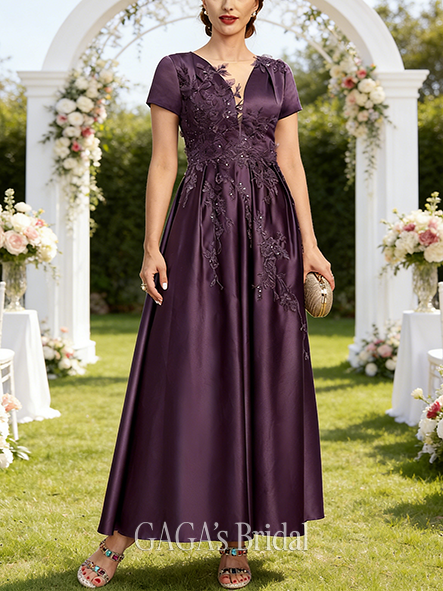 A-line Smooth Illusion Scoop Ankle-Length Satin Lace Wedding Guest Mother of the Bride Dress With 3D Floral Sequins