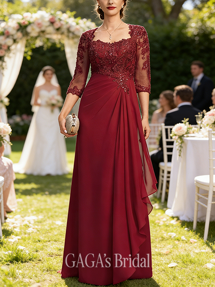 A-line Contemporary Queen Anne Floor-Length Lace Chiffon Wedding Guest Mother of the Bride Dress With Cascading Ruffles Sequins