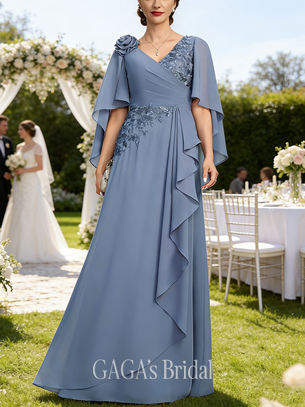 A-line Retro V-Neck Floor-Length Lace Chiffon Wedding Guest Mother of the Bride Dress With Cape 3D Floral Sequins Cascading Ruffles
