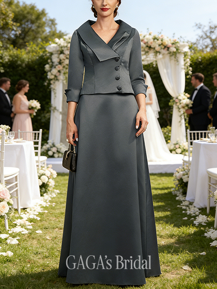 A-line Lavish Separates V-Neck Collared Floor-Length Satin Wedding Guest Mother of the Bride Dress