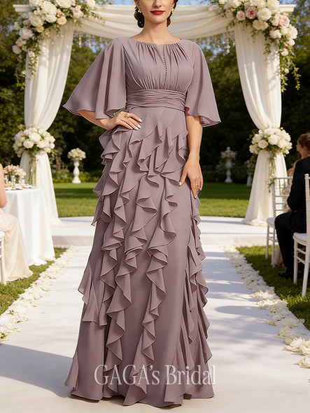 A-line Noble Boat Neck Floor-Length Chiffon Wedding Guest Mother of the Bride Dress With Ruffle Sequins Beading