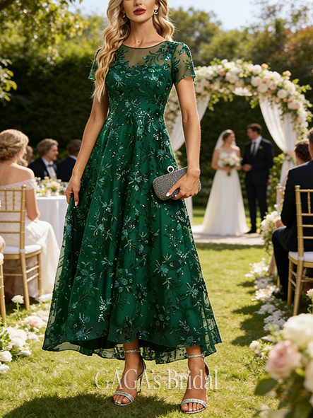 A-line Shimmering Scoop Illusion Asymmetrical Sequin Lace Wedding Guest Evening Dress