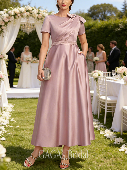 A-line Glistening Boat Neck Ankle-Length Satin Wedding Guest Mother of the Bride Dress With Bow Pleated Beading