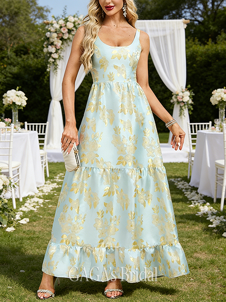 A-line Soft Scoop Floor-Length Jacquard Wedding Guest Evening Dress With Floral Print