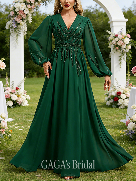 A-line Neat V-Neck Floor-Length Chiffon Wedding Guest Evening Dress With Pleated Sequins Beading