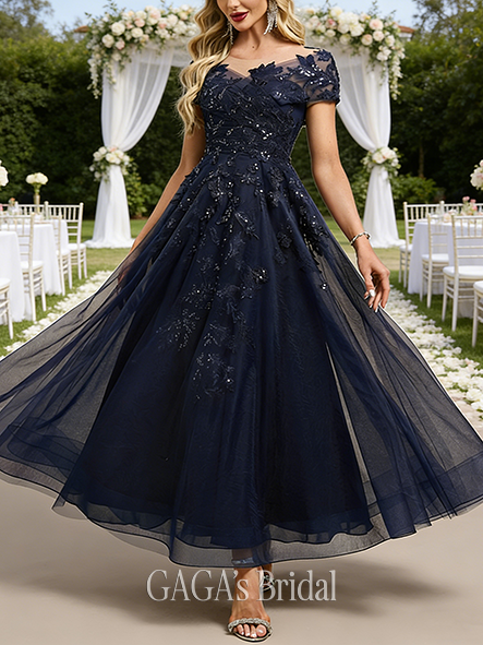 A-line Airy Scoop Illusion Ankle-Length Tulle Lace Wedding Guest Evening Dress With Sequins