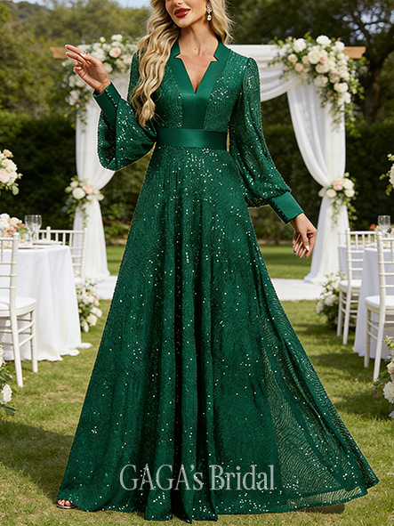 A-line Imperial V-Neck Floor-Length Sequin Satin Wedding Guest Evening Dress