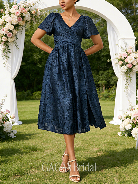 V-Neck Short Sleeve A-line Rich Jacquard Midi Wedding Guest Dress