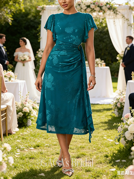 Jacquard Scoop Flutter Sleeve A-line Retro Spandex Midi Wedding Guest Dress