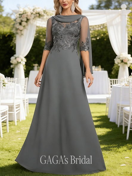 A-line Airy Scoop Floor-Length Lace Chiffon Wedding Guest Mother of the Bride Dress With Sequins Pleated