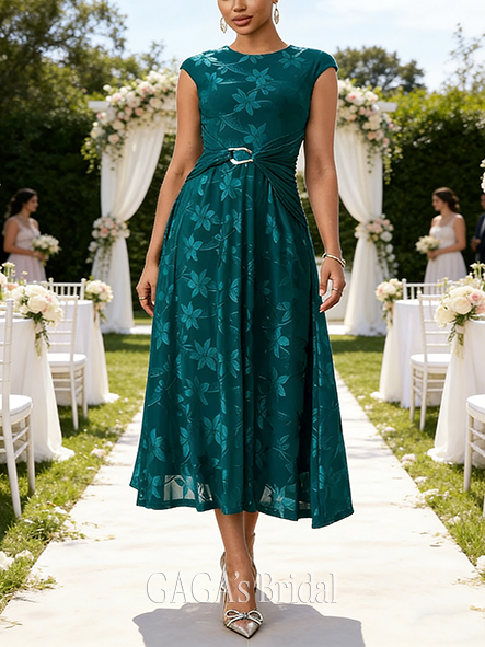 Jacquard Scoop Cap Sleeve A-line Radiant Spandex Midi Wedding Guest Dress