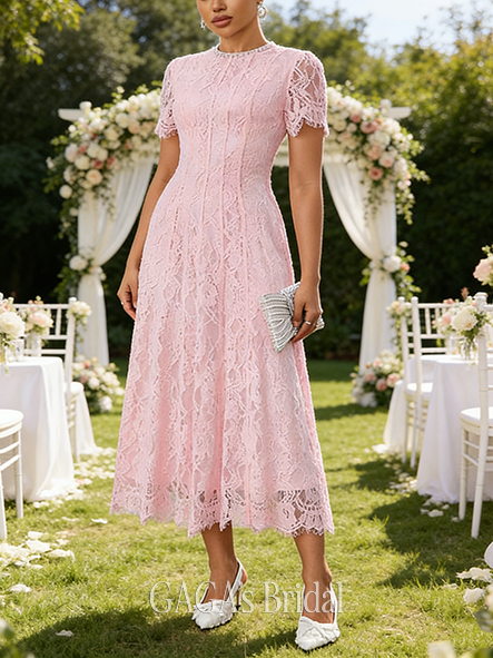 Rhinestone Sequins Scoop Short Sleeve A-line Noble Lace Midi Wedding Guest Dress