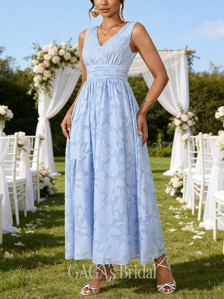 Jacquard V-Neck Sleeveless A-line Glistening Chiffon Maxi Wedding Guest Dress