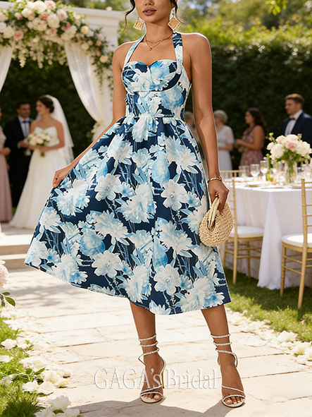 Floral Print Halter Sleeveless A-line Intricate Printed Fabric Midi Wedding Guest Dress