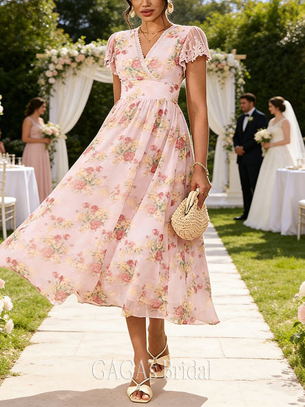 Floral Print V-Neck Short Sleeve A-line Sleek Chiffon Midi Wedding Guest Dress