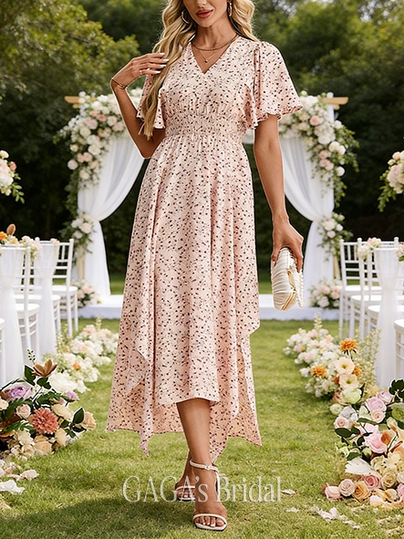 Floral Print Smocked V-Neck Short Sleeve A-line Sparkling Printed Fabric Asymmetrical Maxi Wedding Guest Dress
