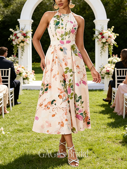 Floral Print Halter Sleeveless A-line Polished Printed Fabric Midi Wedding Guest Dress